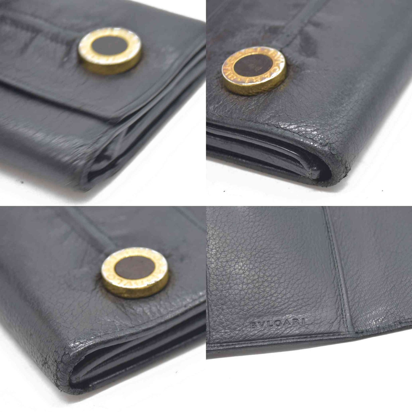 $900 Bvlgari Double Logo Snap Long Wallet Black Leather