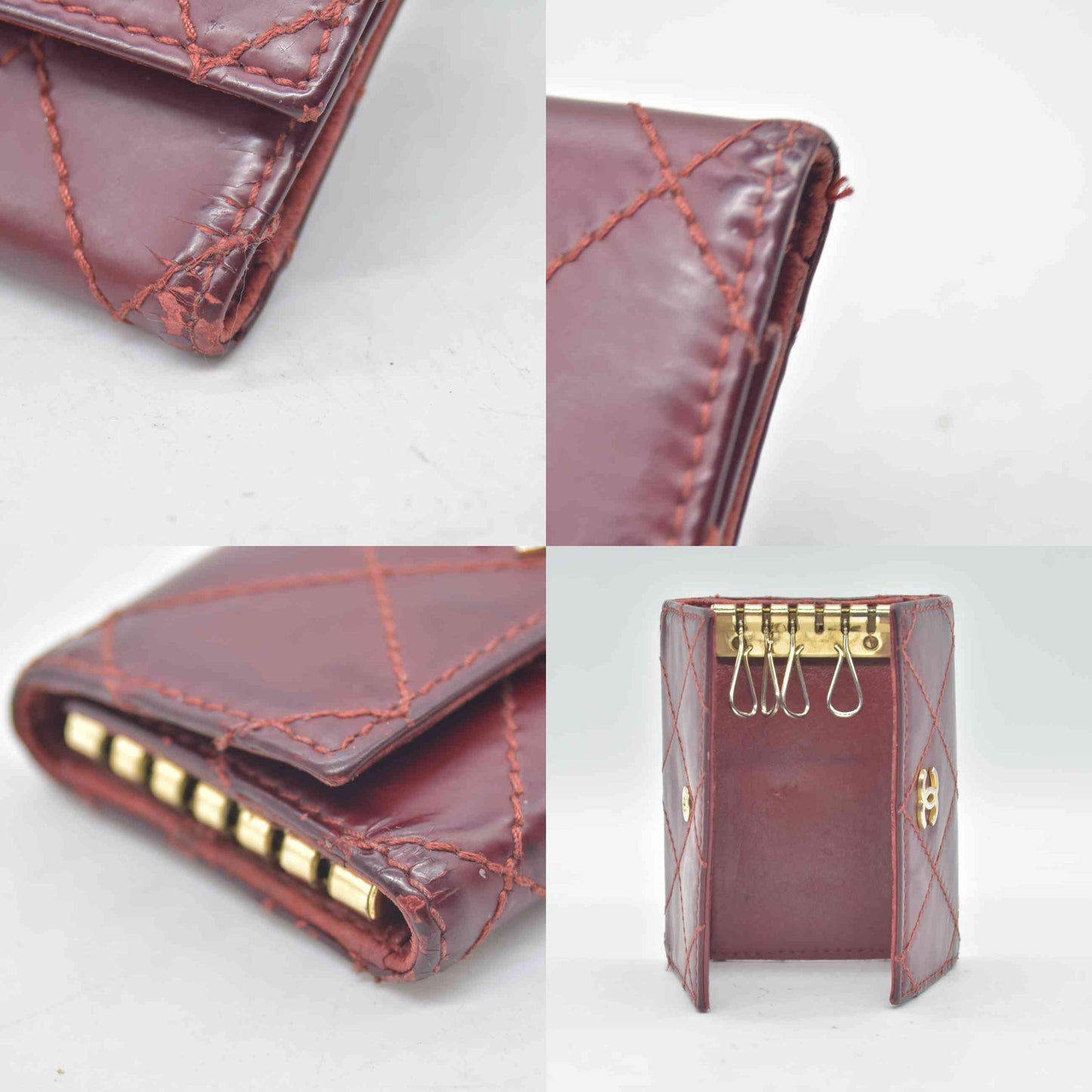 $750 2004 Chanel Calfskin Wild Stitch 6 Key Ring Holder Burgundy