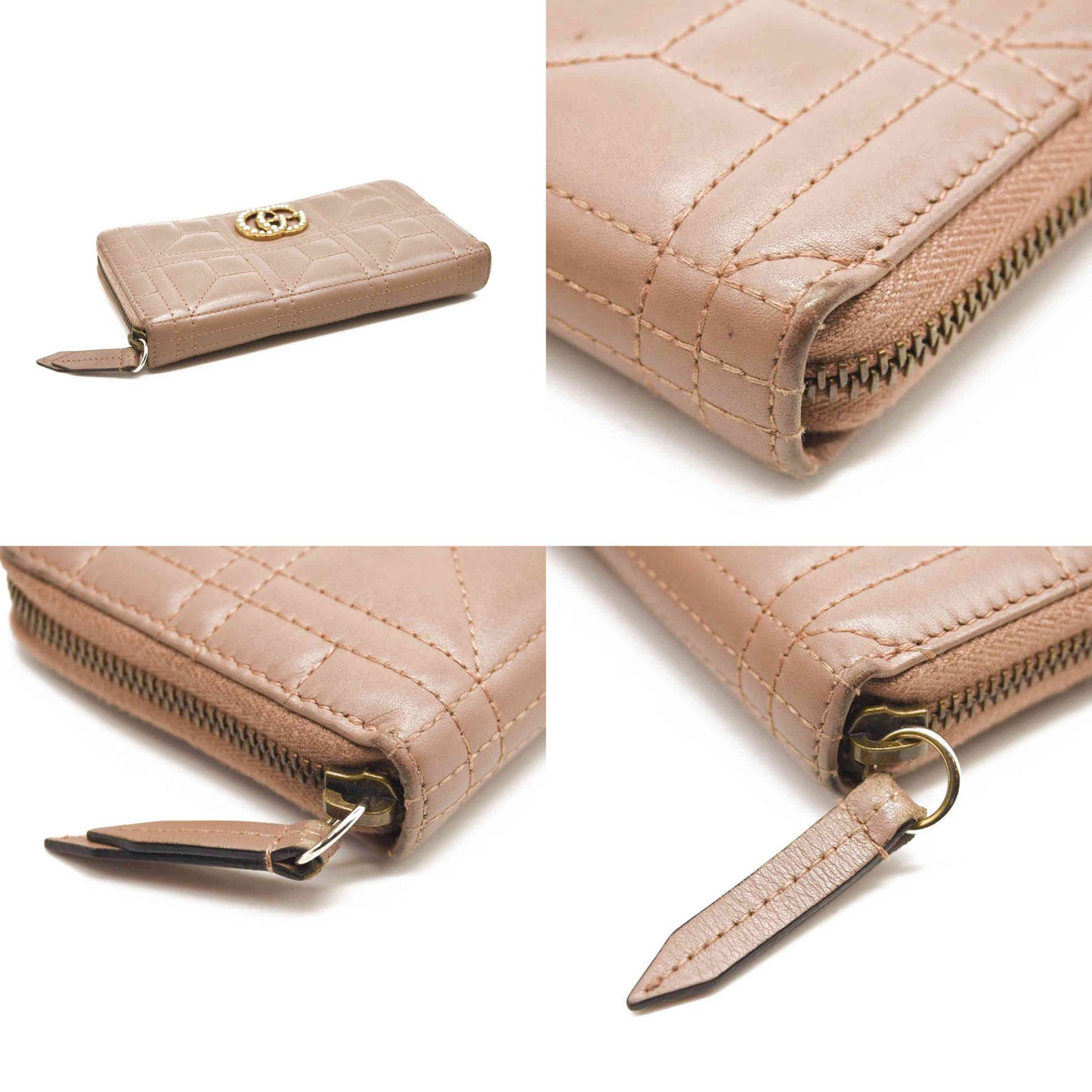 GUCCI Calfskin Matelasse Pearly GG Marmont Zip Around Wallet Porcelain Rose