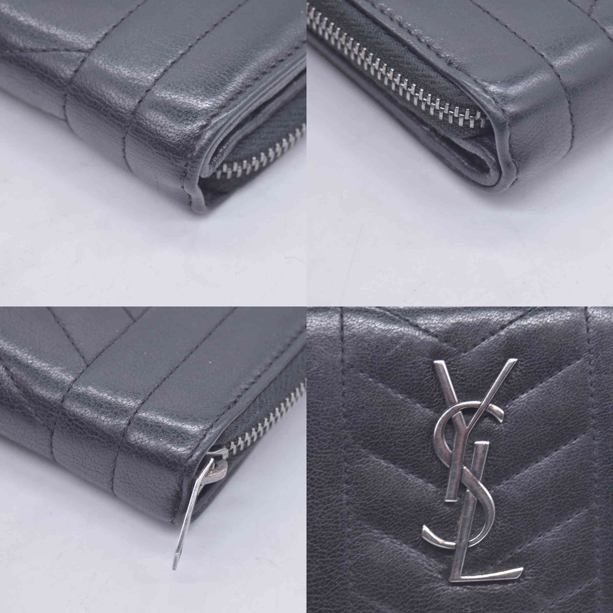 $750 Saint Laurent Calfskin Matelasse Monogram Compact Zip Around Wallet Dark Grey CONSIGNMENT