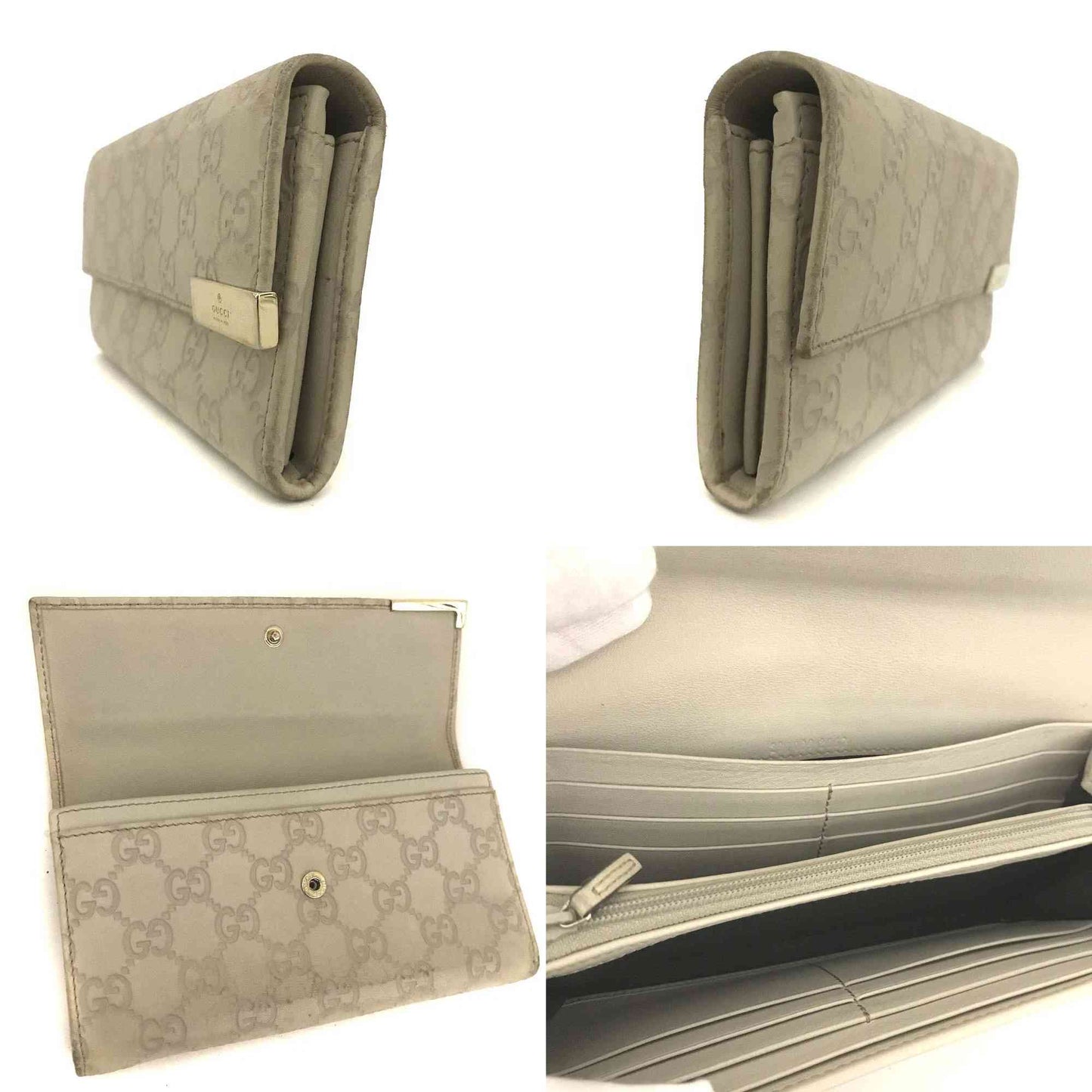 $820 GUCCI GG Logo Leather Long Wallet Ivory Cream