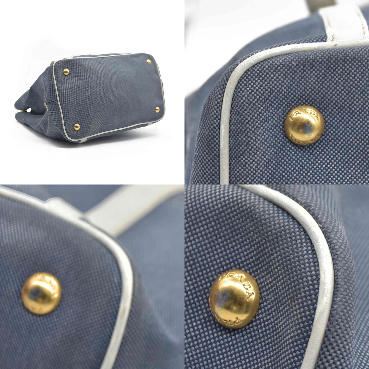 $2400 Prada Canapa Logo Jacquard Handle Bag Blue Denim