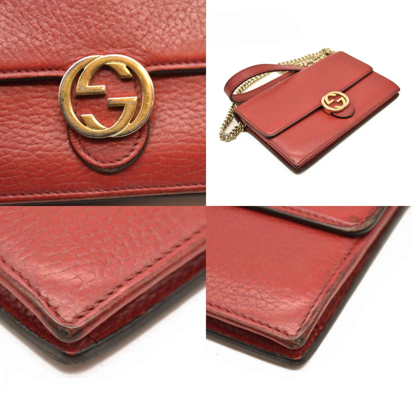 AUCTION $1290 Gucci  Dollar Calfskin Interlocking G Chain Wallet Red