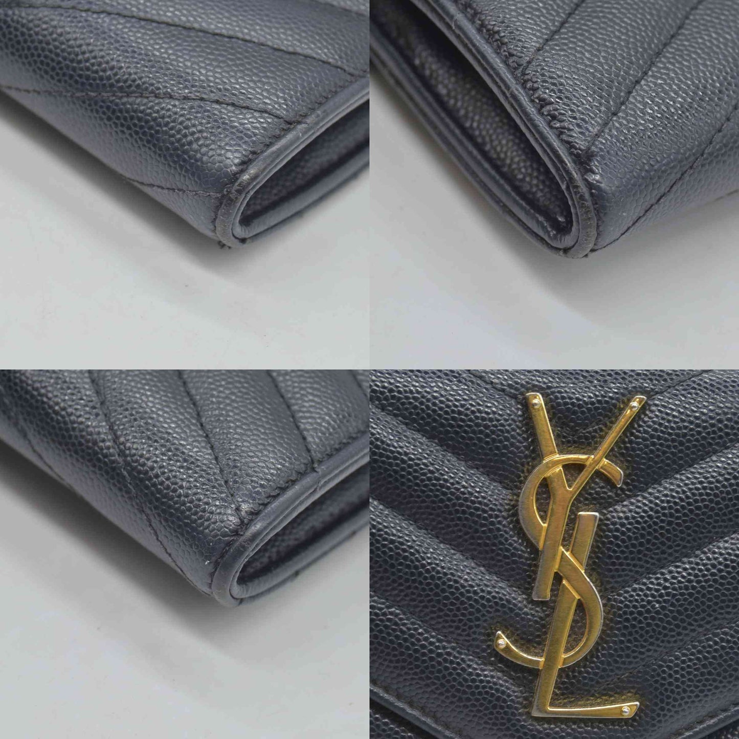 $750 Saint Laurent Grain De Poudre Matelasse Chevron Monogram Flap Wallet Black