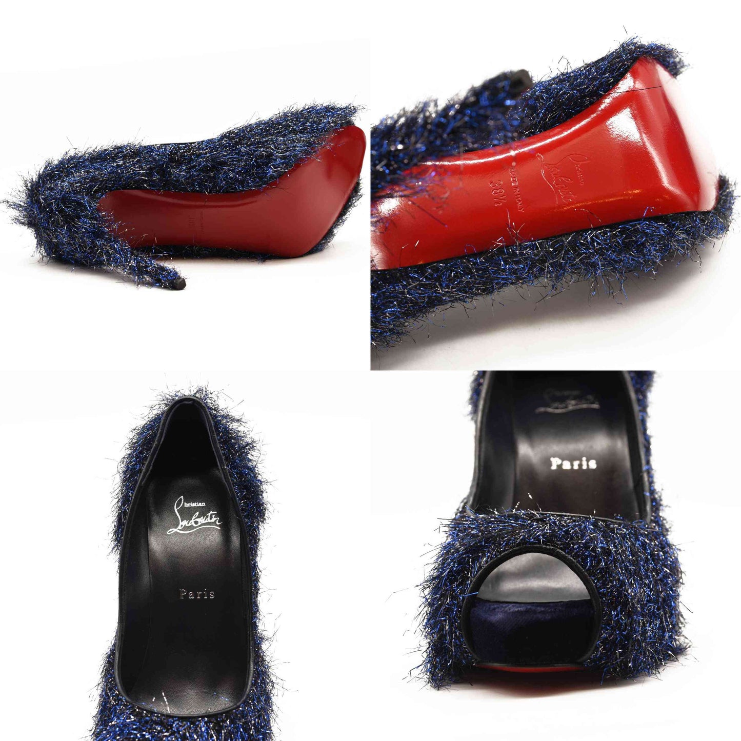 NEW $850 Christian Louboutin Very Prive 120 Peep Toe Blue Glitter Metallic Threads Pump Shoe 38.5
