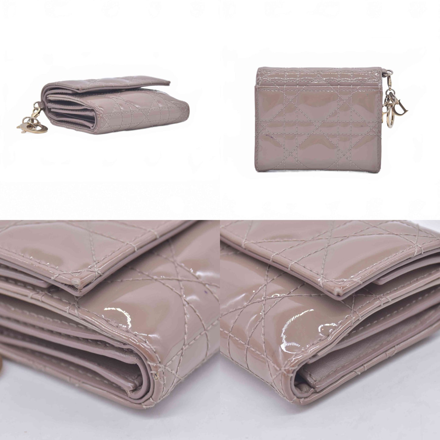 $600 Christian DIOR Cannage Patent Leather Trifold Compact Wallet