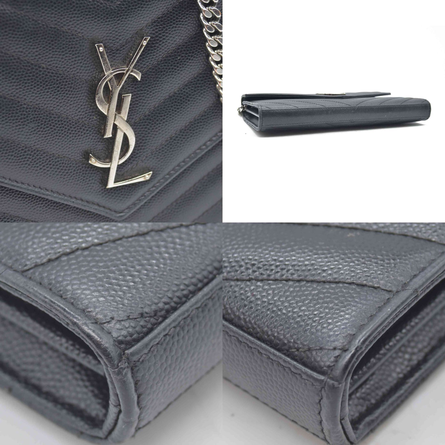 $1600 Saint Laurent Grain De Poudre Matelasse Chevron Monogram Envelope Chain Wallet Black