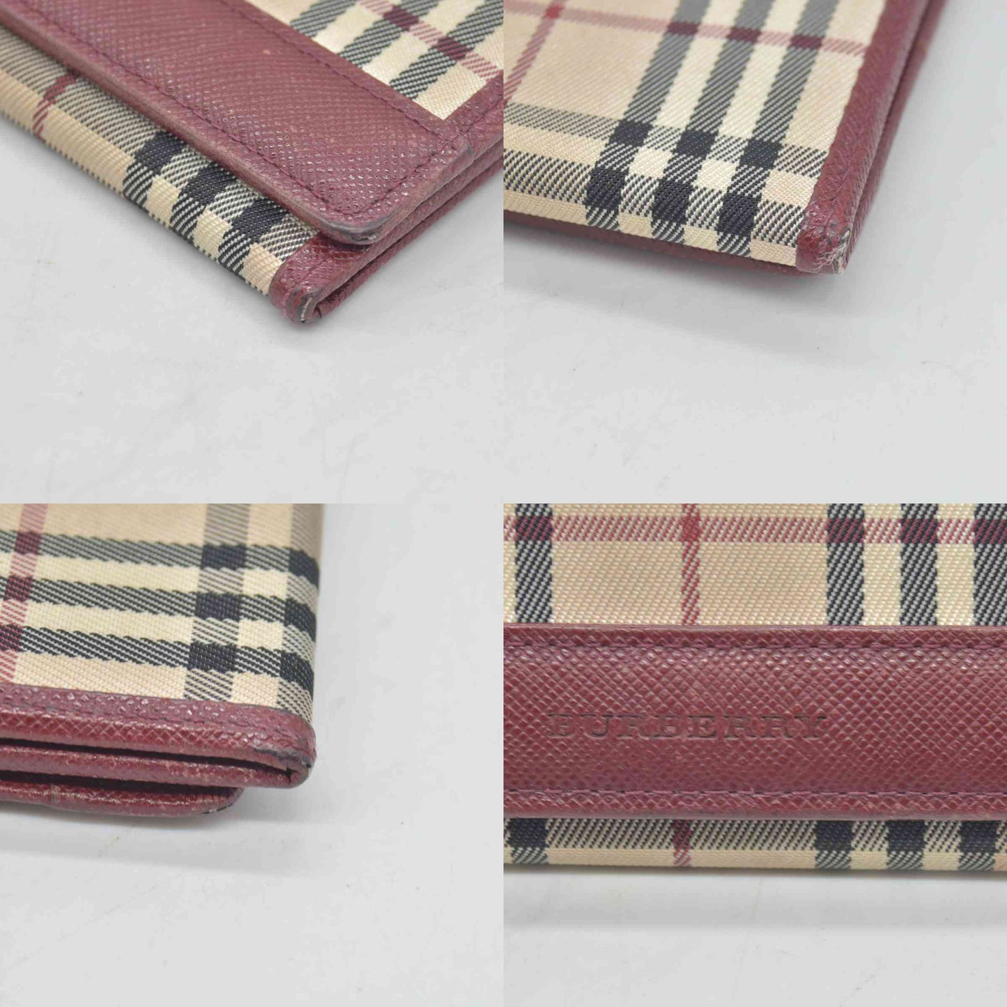 Burberry Beige & Burgundy Canvas Leather Nova Check Long Wallet CONSIGNMENT