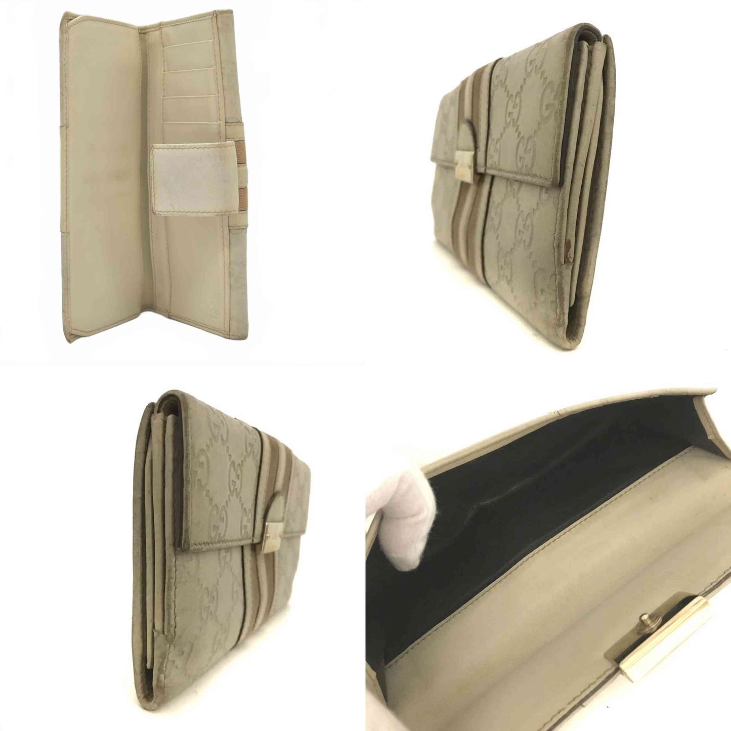 $820 GUCCI GG Logo Leather Long Bifold Wallet Ivory Cream Web