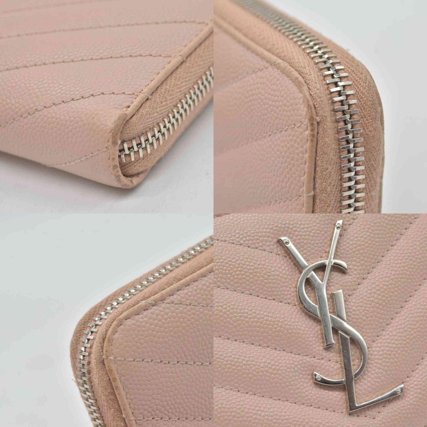 $950 Saint Laurent Grain De Poudre Matelasse Chevron Monogram Zip Around Wallet YSL