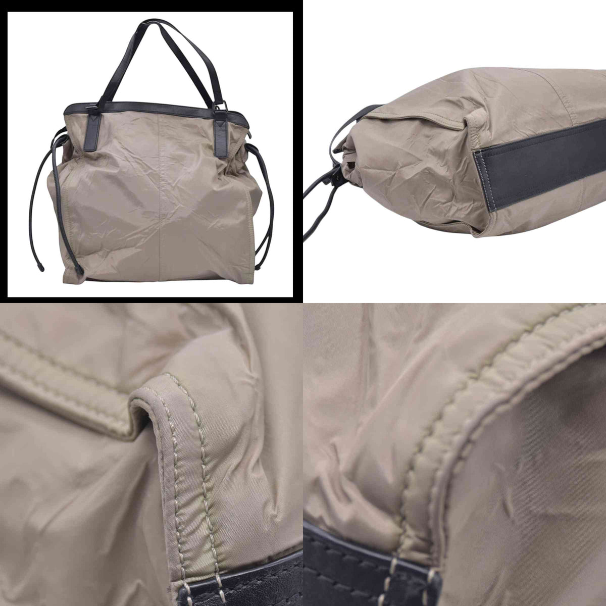 $1050 BURBERRY Nylon & Leather Drawstring Knight Emblem Tote Bag Beige Dark Brown CONSIGNMENT 10021354