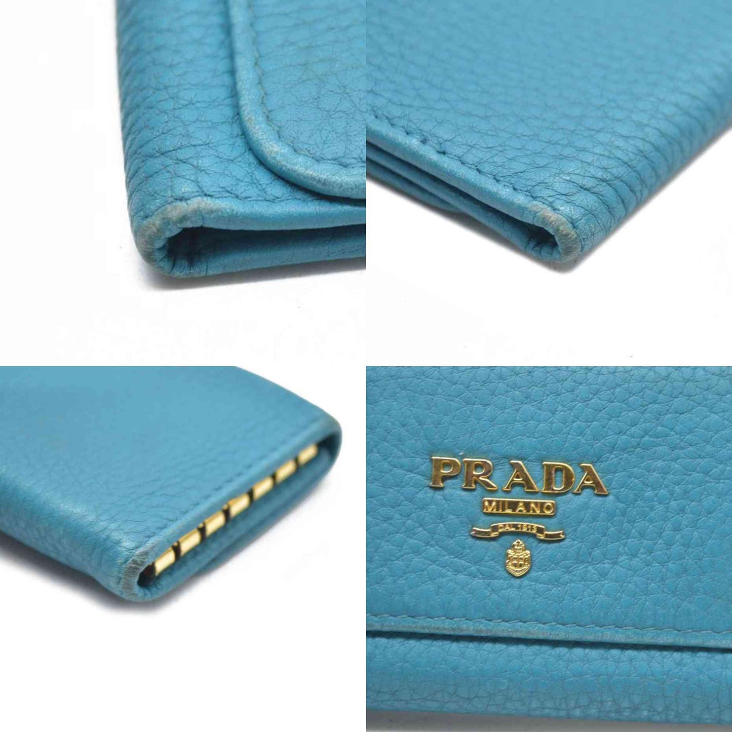 AUCTION $575 PRADA Logo Vitello Leather 6 Ring Key Case Blue