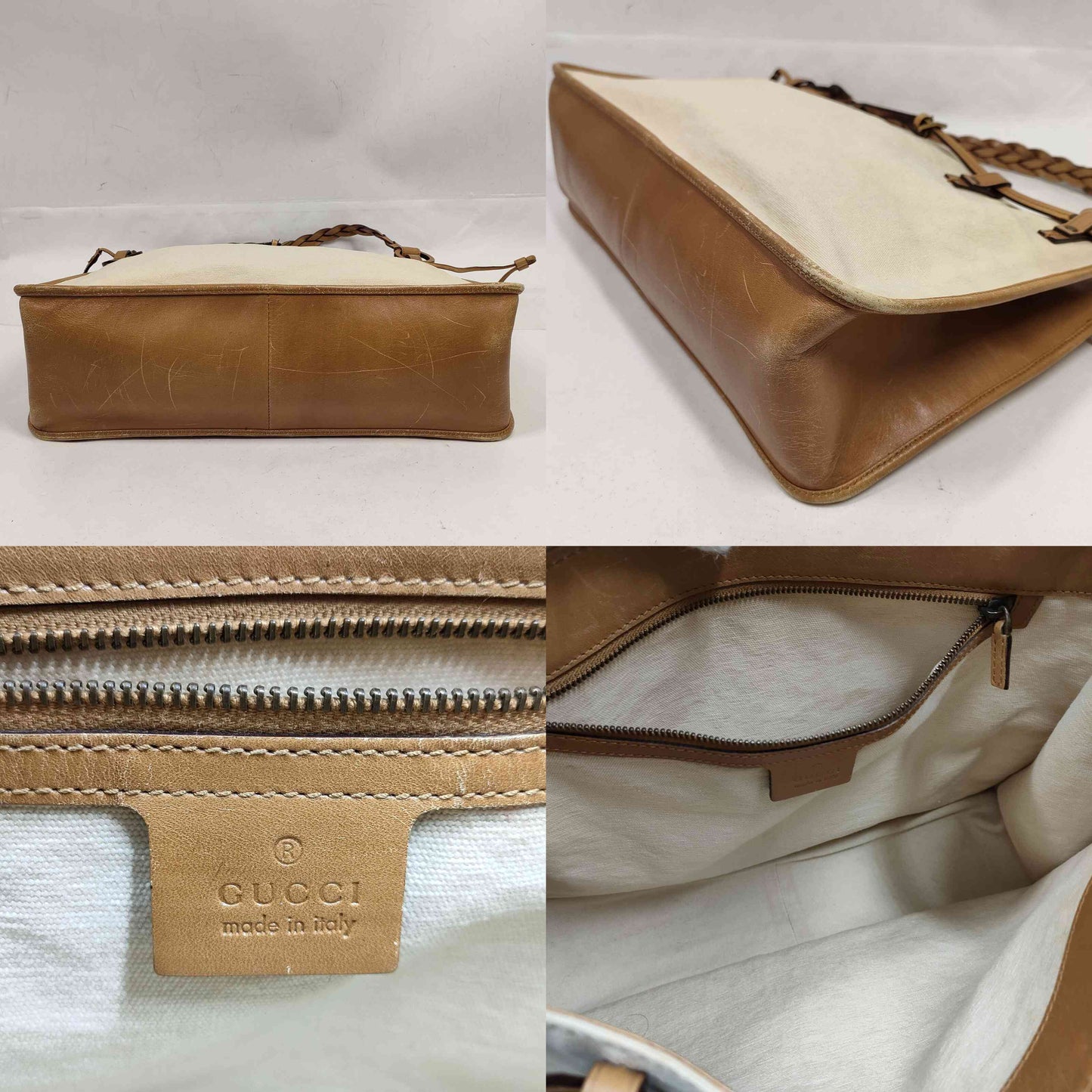 $1490 GUCCI Canvas Braided Handle Large Tote Beige