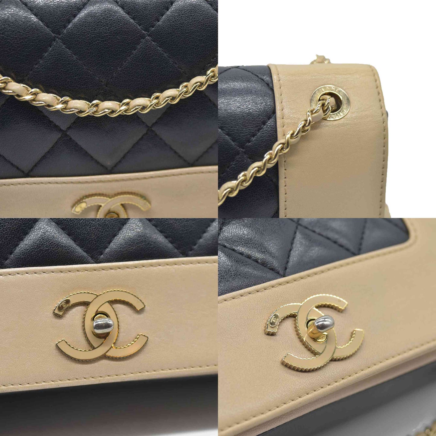 $4700 Chanel Mademoiselle Vintage Flap Bag Black Beige BiColor Turn Lock CC Chain Crossbody
