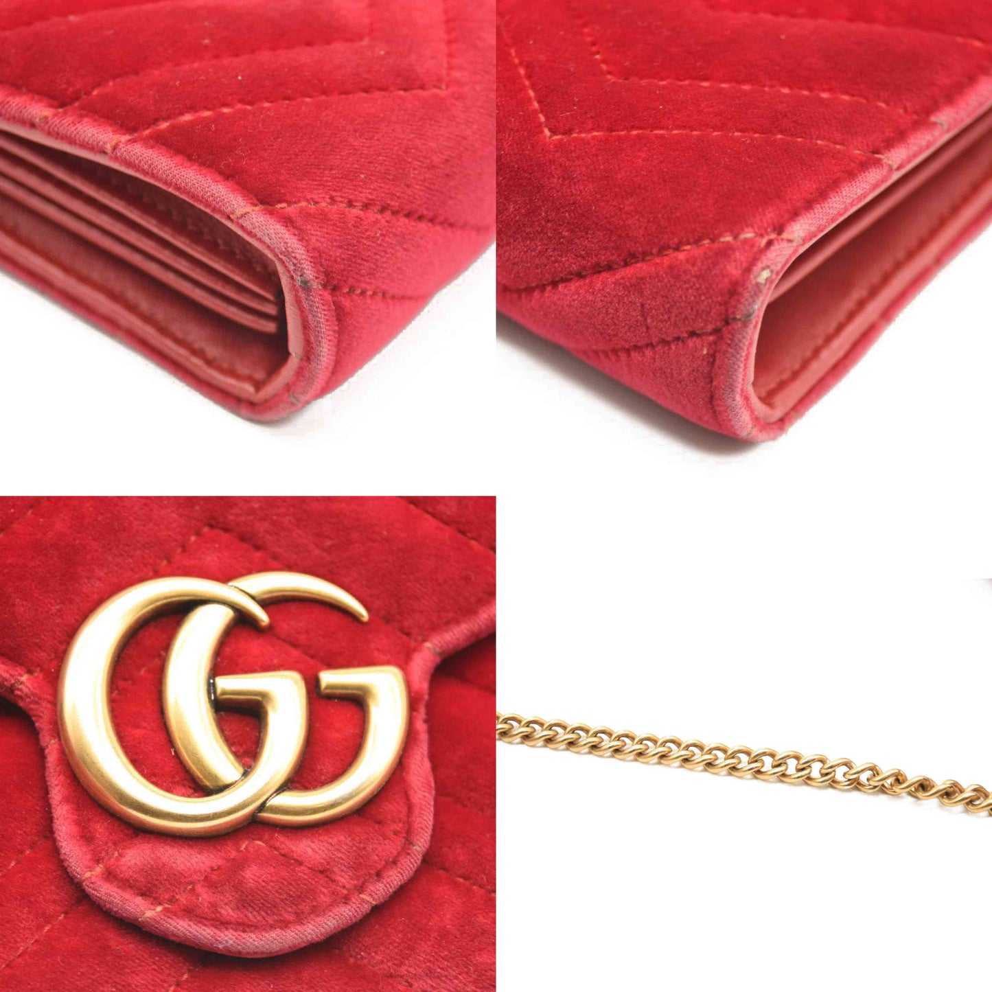 GUCCI Velvet Matelasse GG Marmont Chain Wallet Red