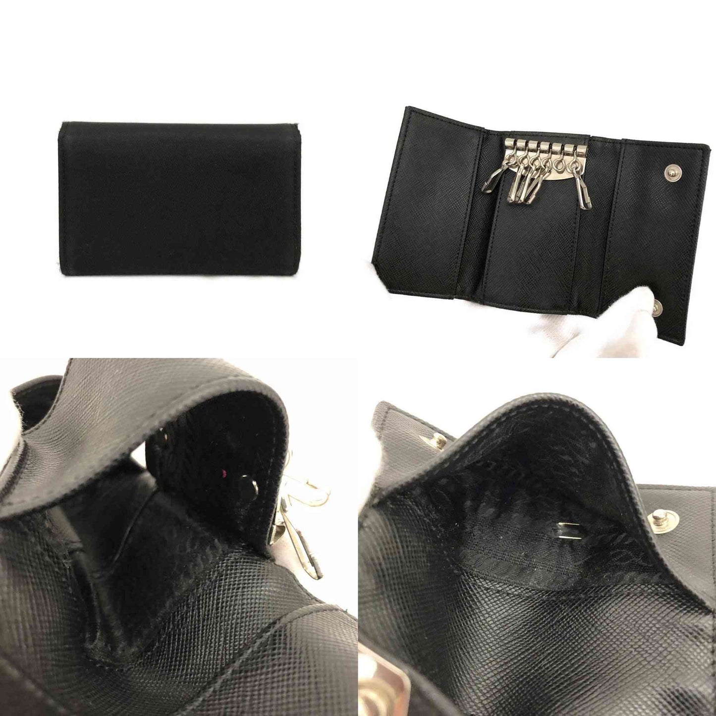 PRADA Logo Plate Nylon 6 Ring Key Case Black