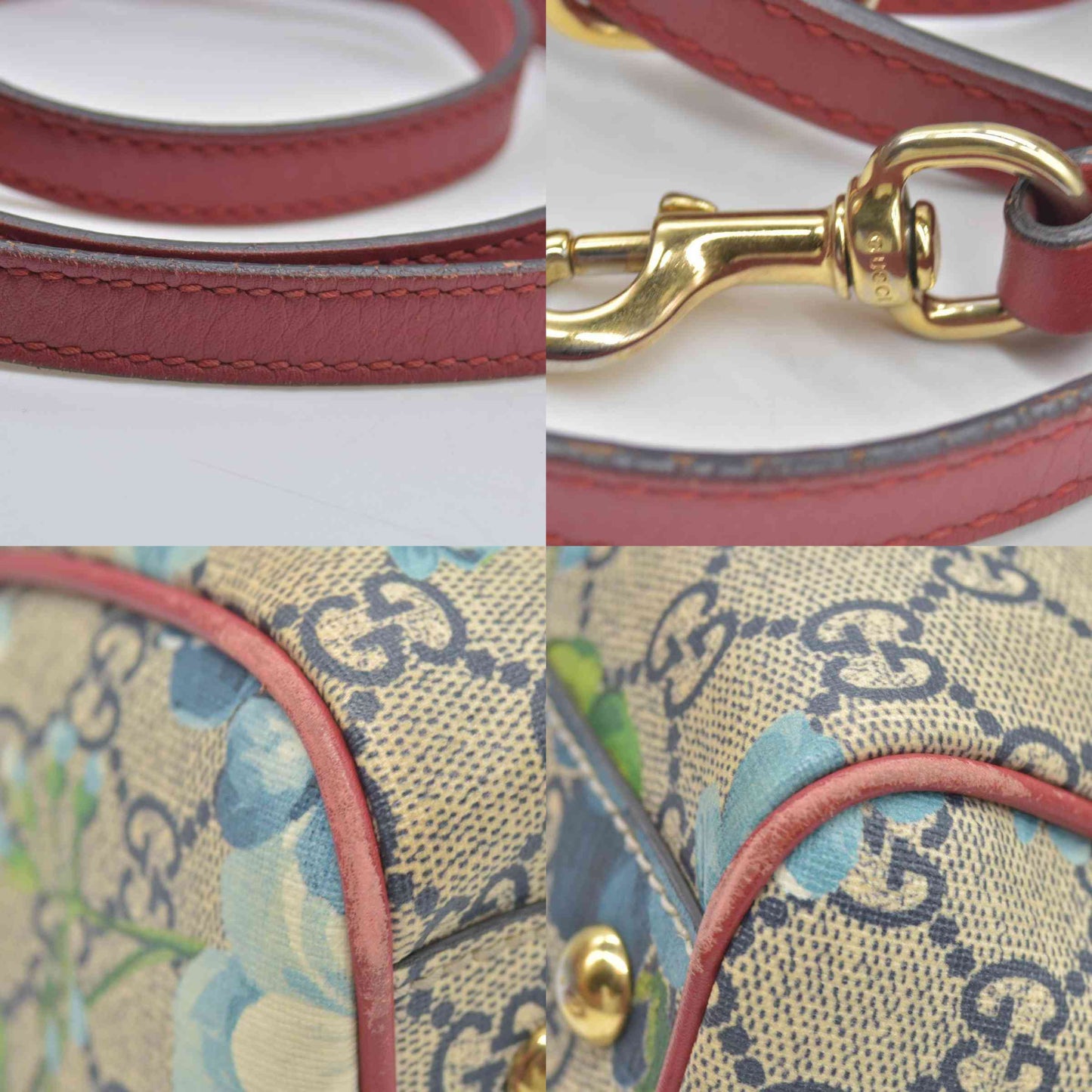 $1390 Gucci GG Supreme Monogram Blooms Small Boston Beige Blue Navy Hibiscus Red