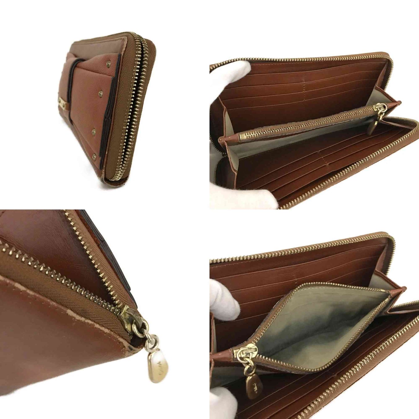 $690 CHLOE Ribbon Leather Zip Around Long Wallet Brown