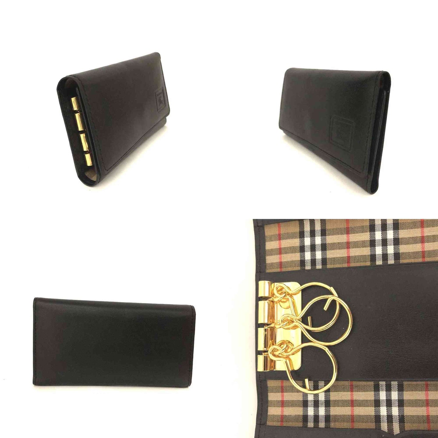 $280 Burberry House Check Leather 3 Ring Key Case Black