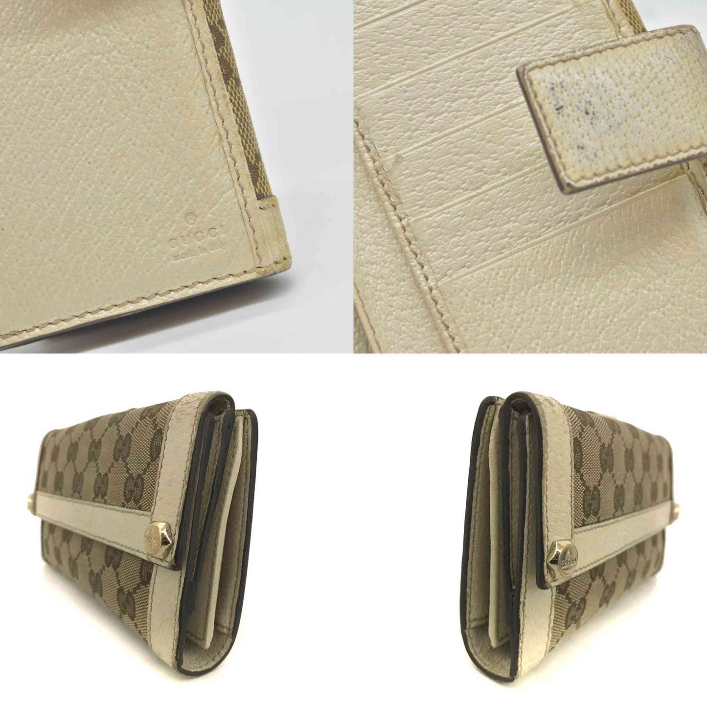 $710 GUCCI GG Logo Canvas Leather Long Bifold Wallet Beige Signature GG