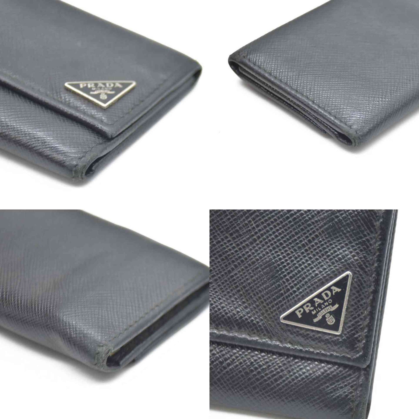 PRADA Logo Plate Saffiano Leather 6 Ring Key Case Black