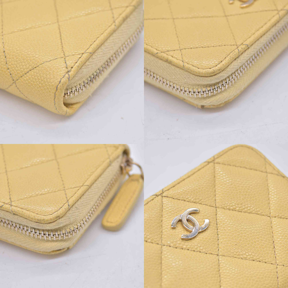 $1150 Chanel 2021 Yellow Quilted Caviar Leather Small Zip-Around Wallet 10021117