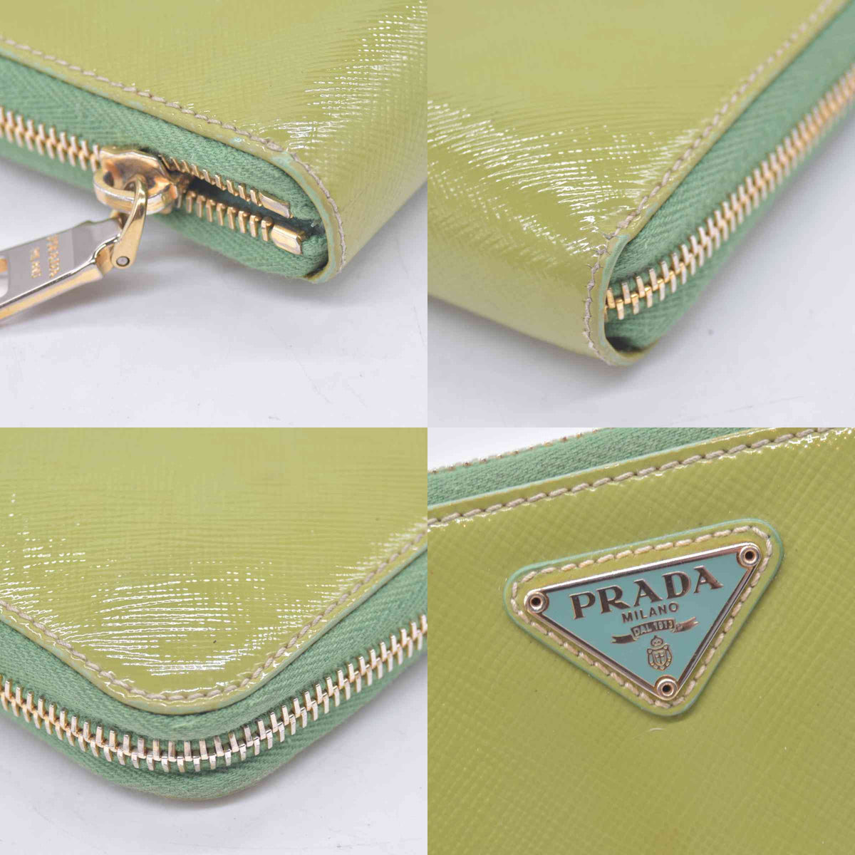$650 PRADA Lime Green Patent Leather Triangle Logo Zip Wallet CONSIGNMENT 10021459