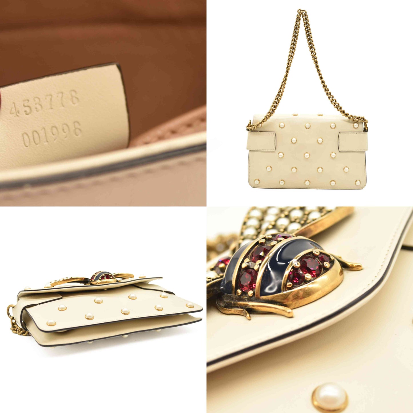 Gucci  Nappa Pearl Studded Mini Queen Margaret Broadway Shoulder Bag Mystic White