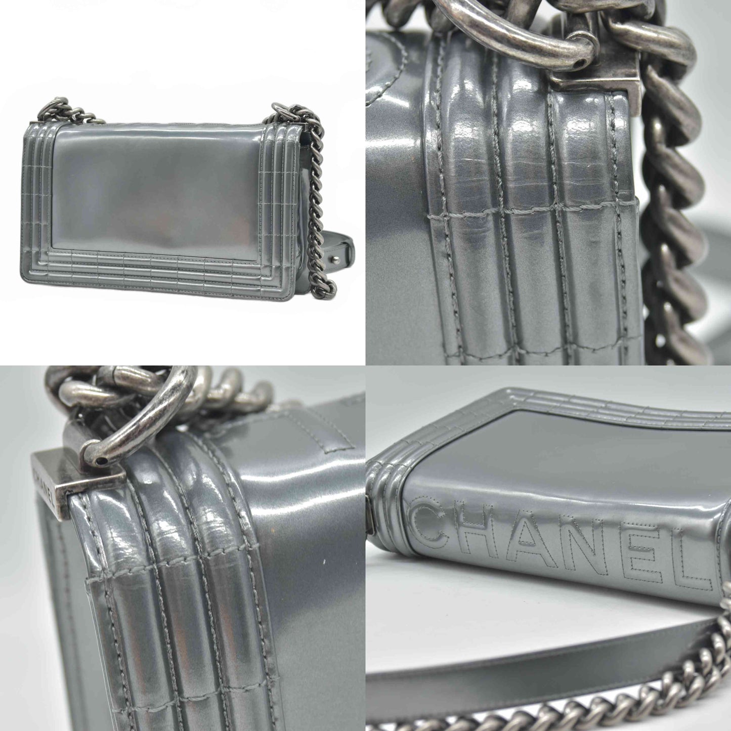 $4700 2012 Chanel Medium Boy Electric Silver Patent Leather Logo CC Flap