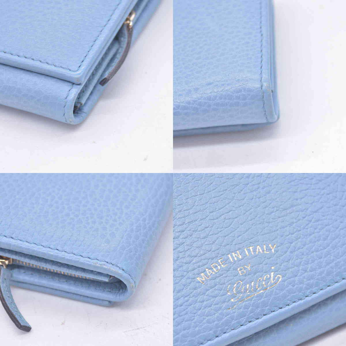 $660 GUCCI Light Blue Pebbled Swing Leather Flap Long Wallet CONSIGNMENT 10021436