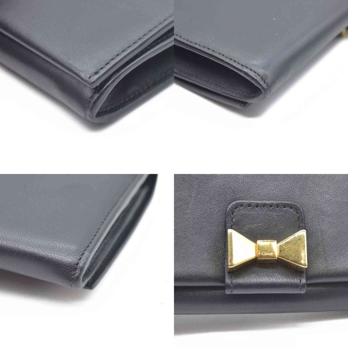 Chloe Ribbon Leather Long Bifold Wallet Purse Black