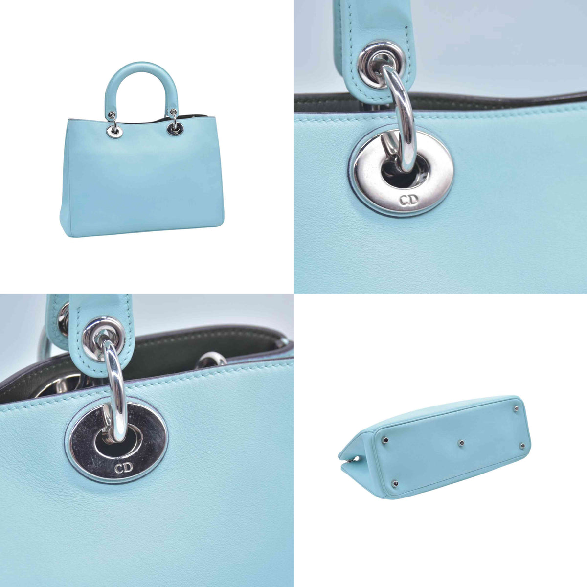 $3200 CHRISTIAN DIOR Lady Dior Medium Leather Tote Sky Blue CONSIGNMENT 10021442