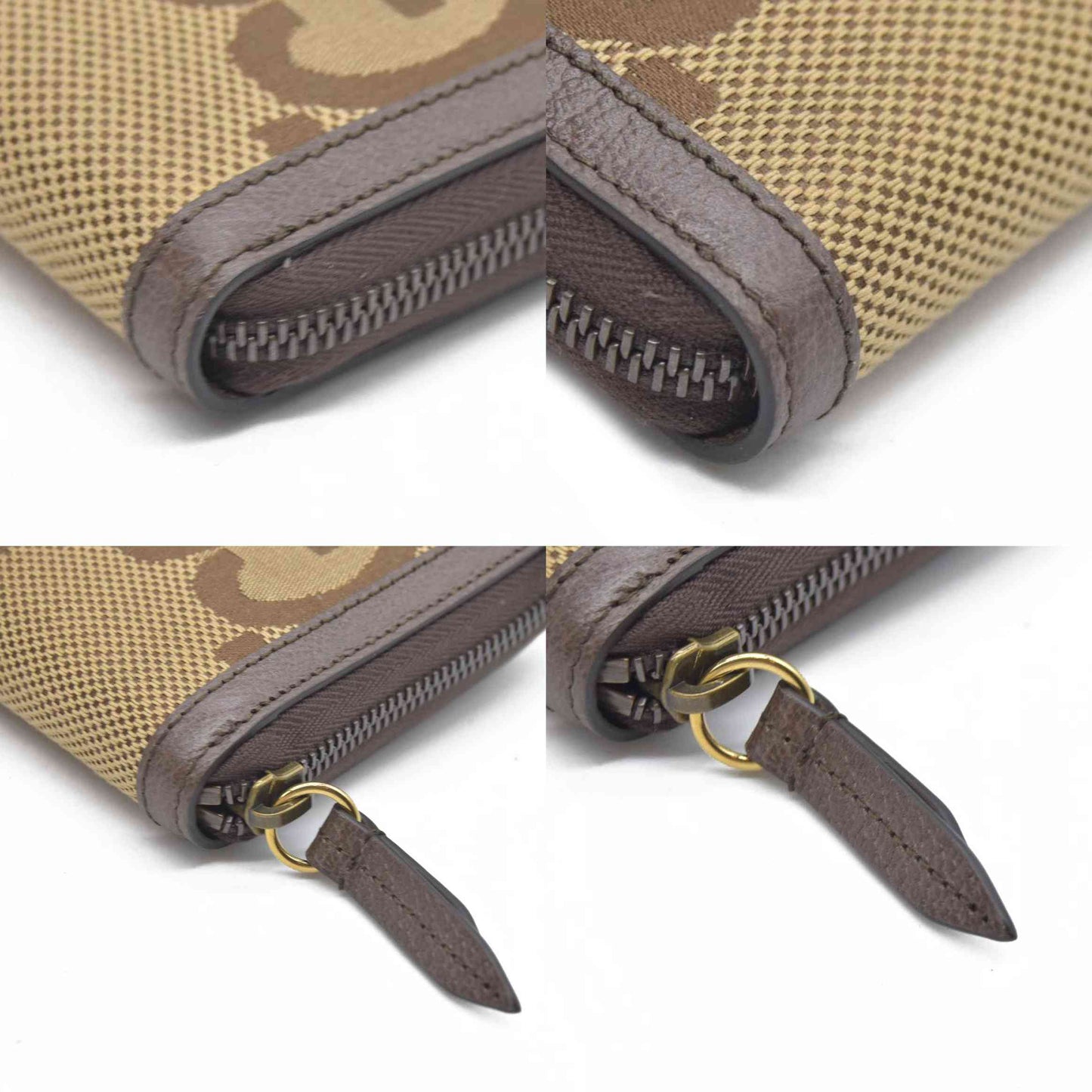 $850 CONSIGNMENT Gucci  Monogram Jumbo GG Textured Dollar Calfskin Diana Zip Around Continental Wallet Camel Ebony New Acero