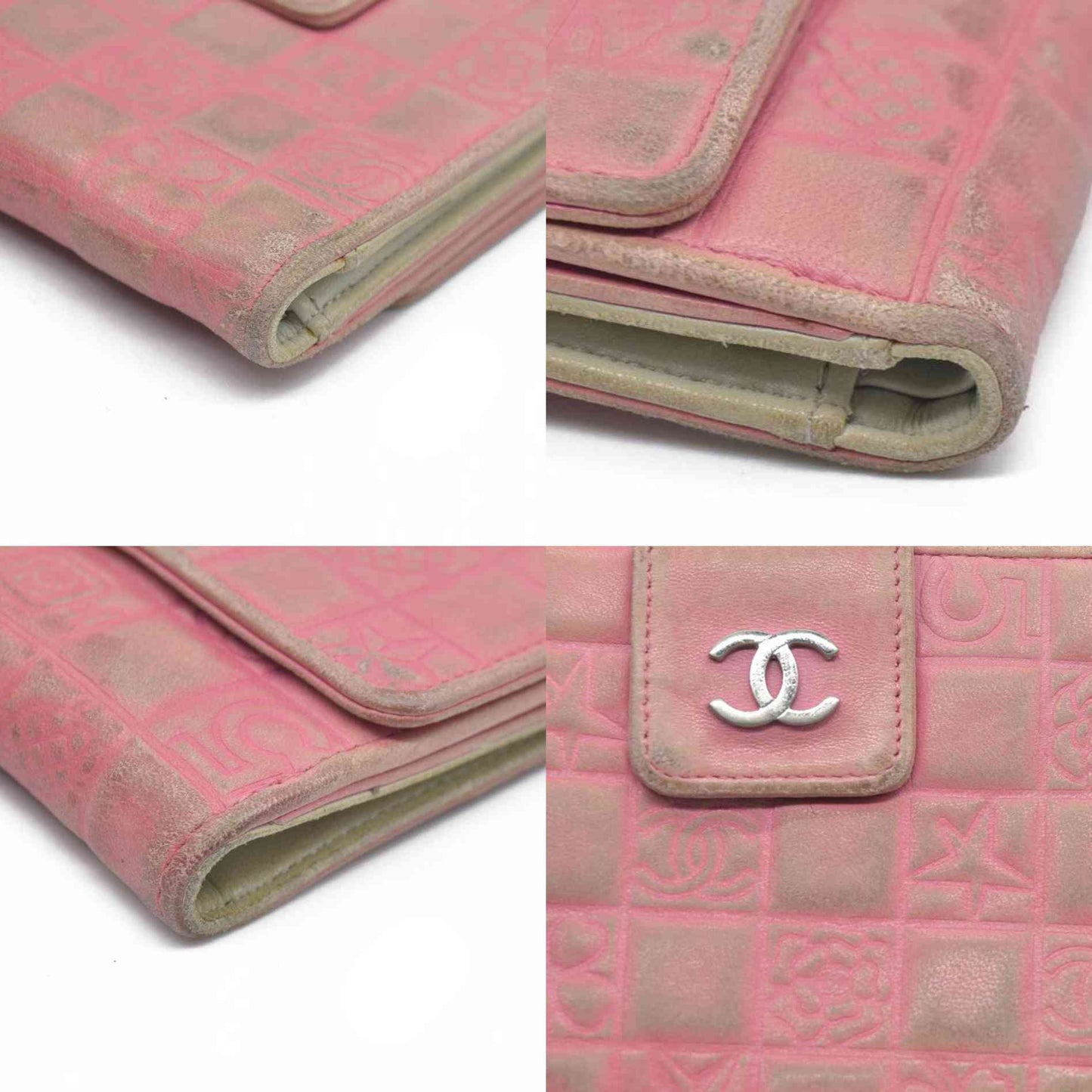Chanel icon line Bi-fold Wallet With Silver Metal Lambskin Light Pink