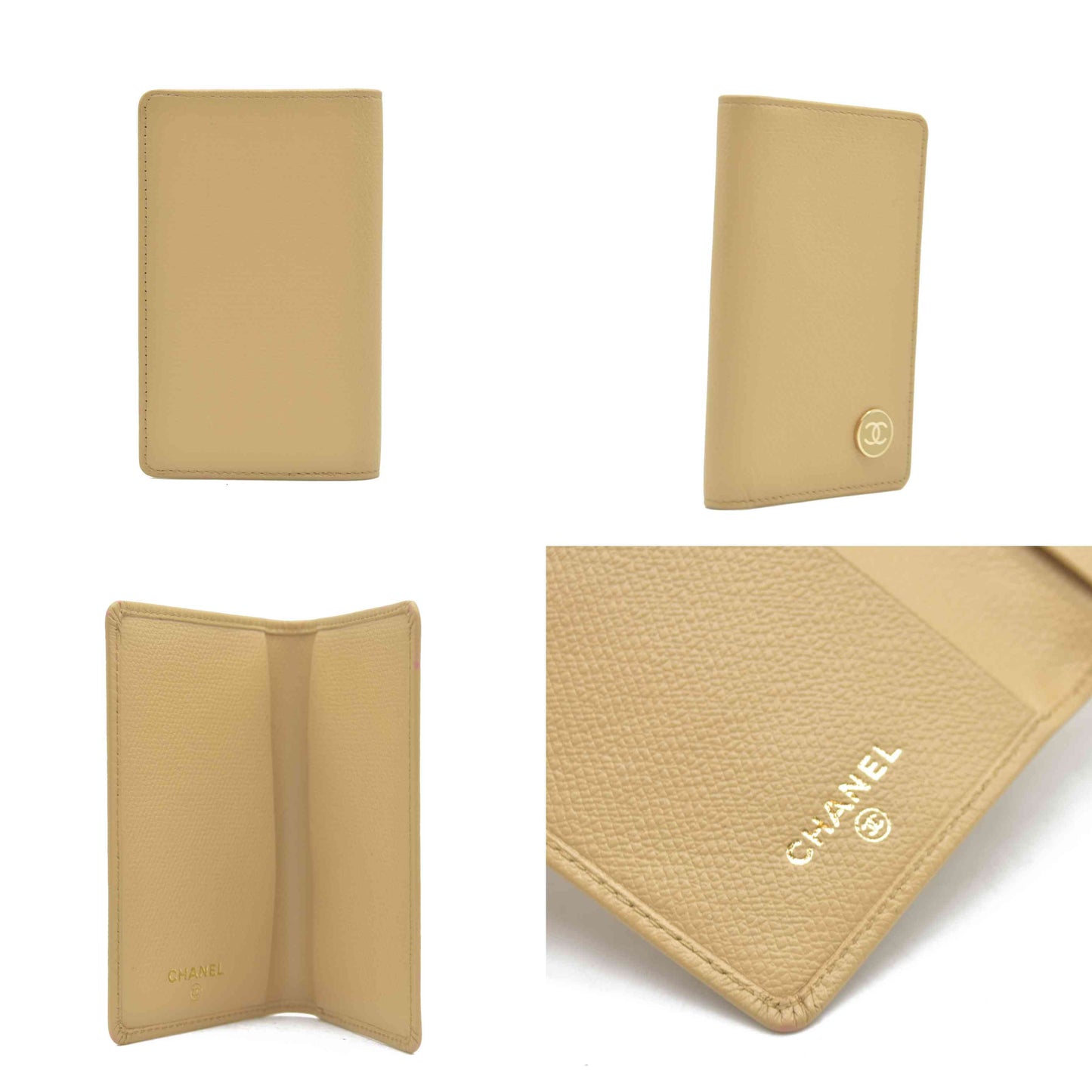 AUCTION CHANEL Coco Button Leather Card Case Holder Short Purse Beige