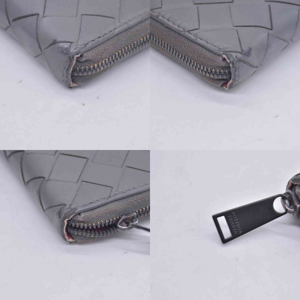 $1050 BOTTEGA VENETA Intrecciato Nappa Zip Around Wallet Grey Red CONSIGNMENT 10021175
