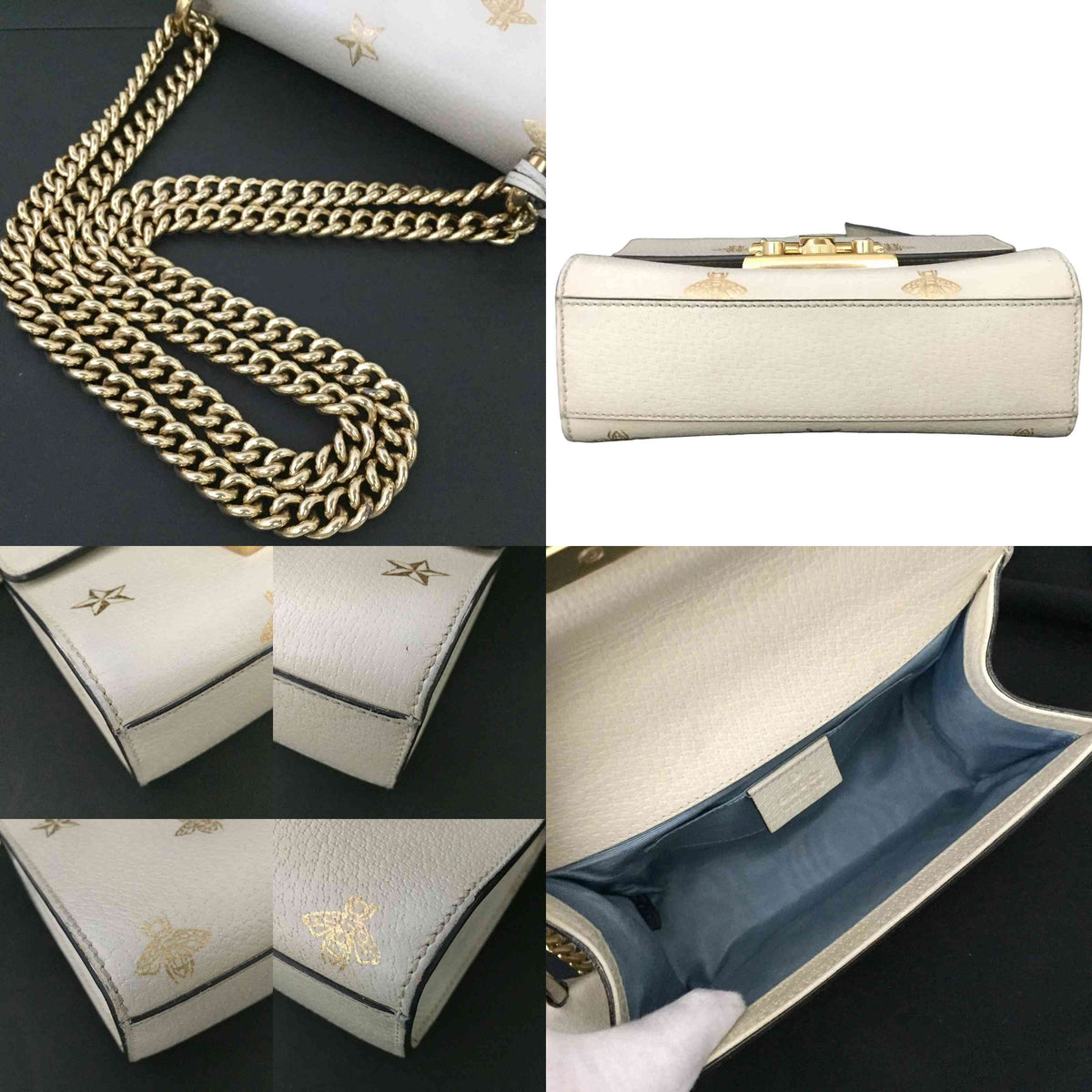 $1980 Gucci Grained Calfskin Bee Star Small Padlock Shoulder Bag White