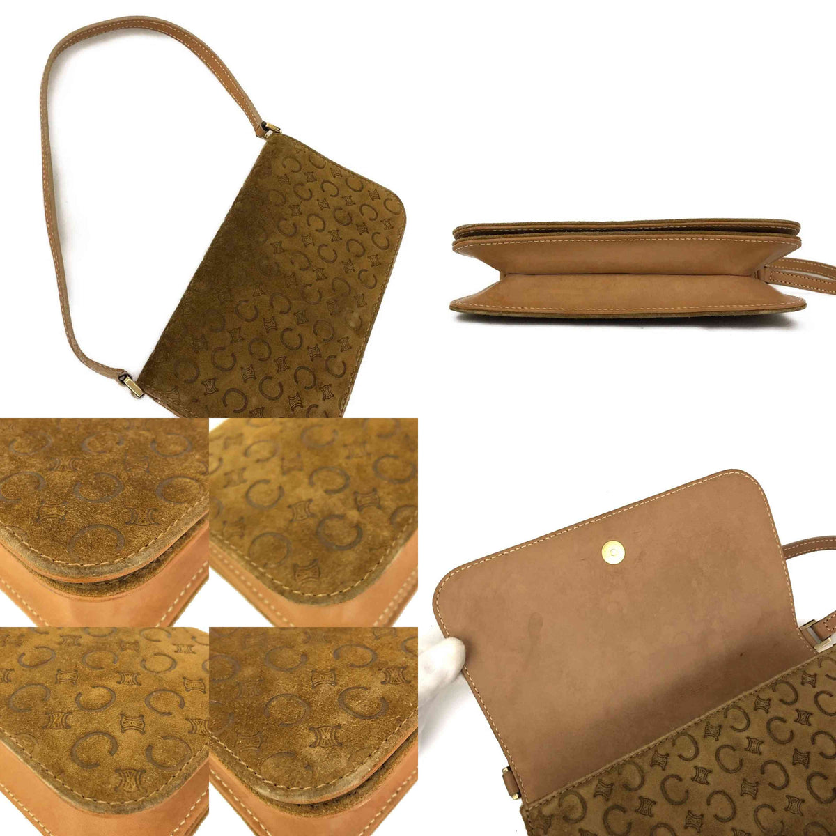 $850 CELINE Macadam C Suede Leather Shoulder Bag Brown