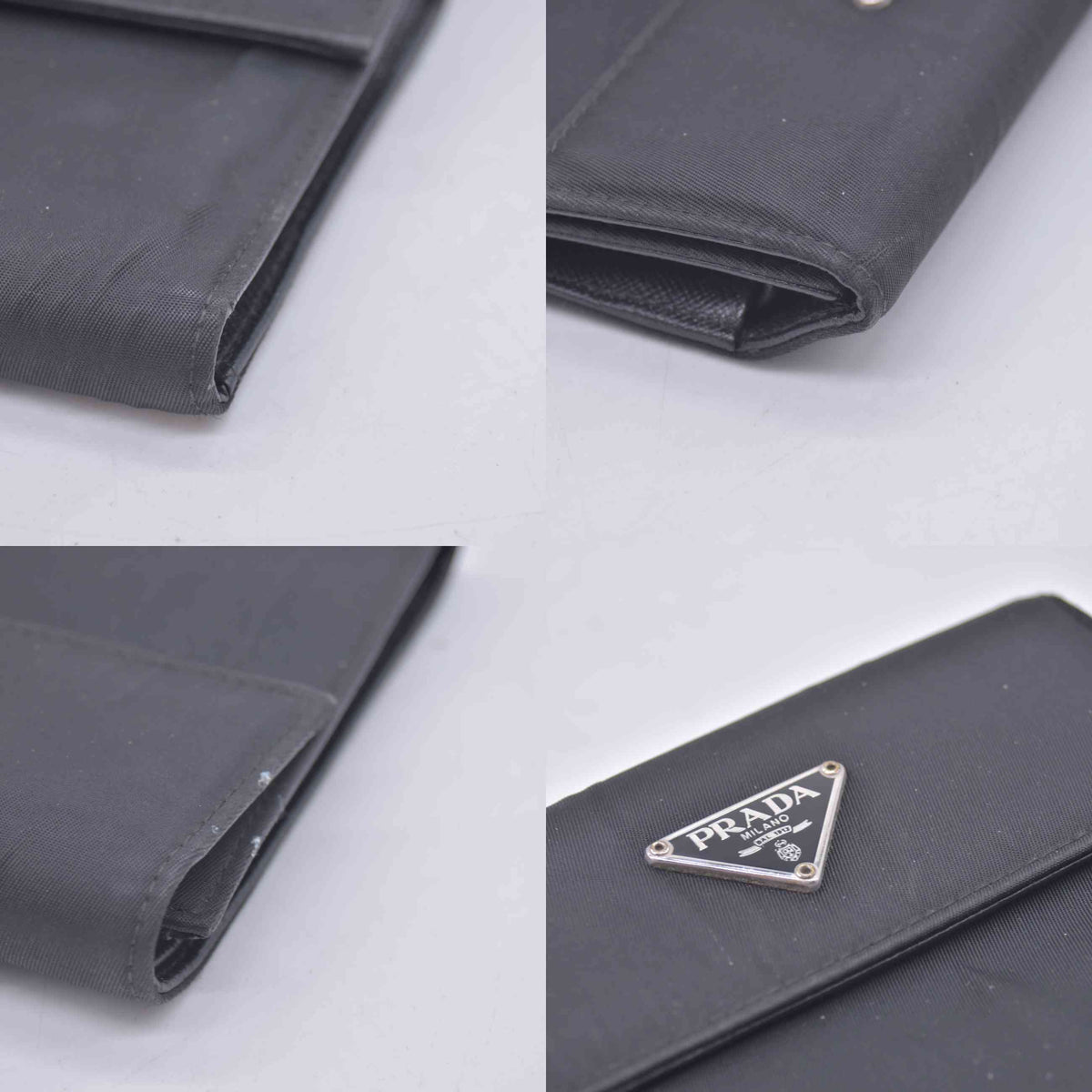 $775 PRADA Logo Plate Nylon Trifold Wallet Black 10021030