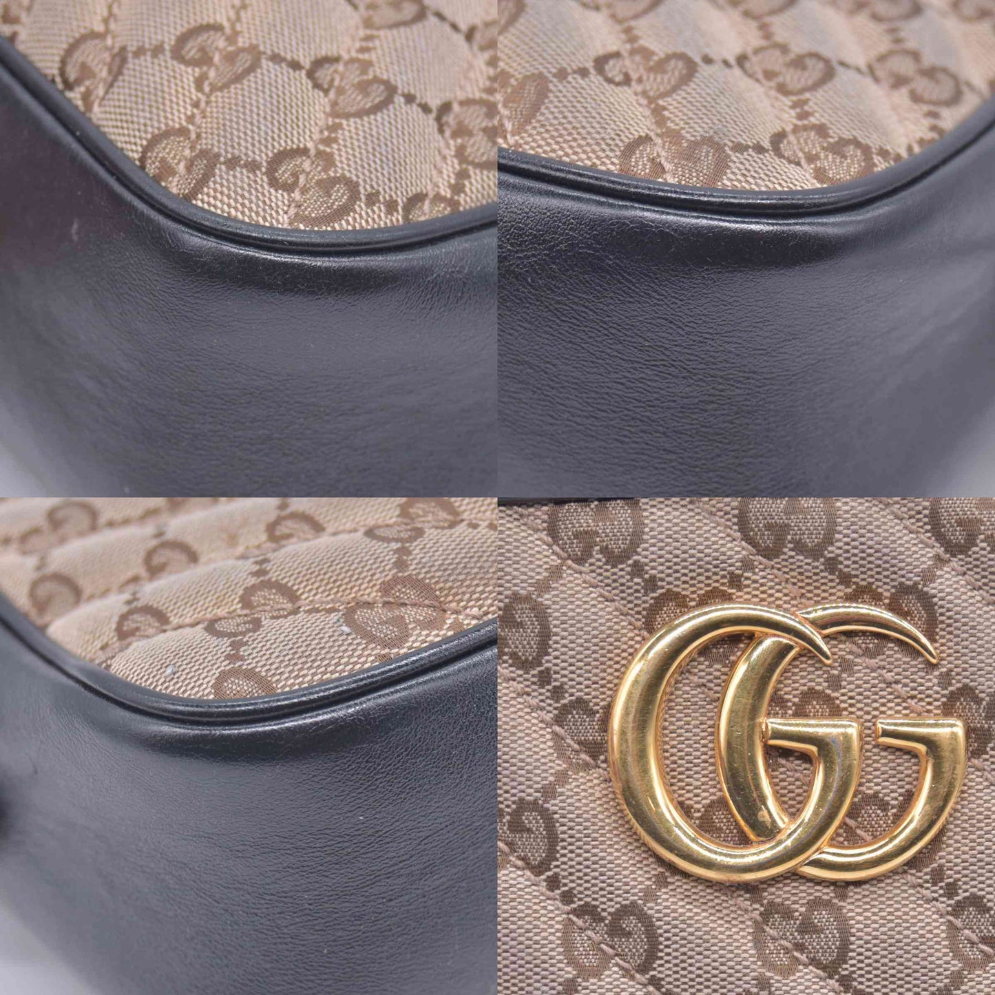 $2050 Gucci Monogram Matelasse Diagonal Small GG Marmont Chain Shoulder Bag Beige Black