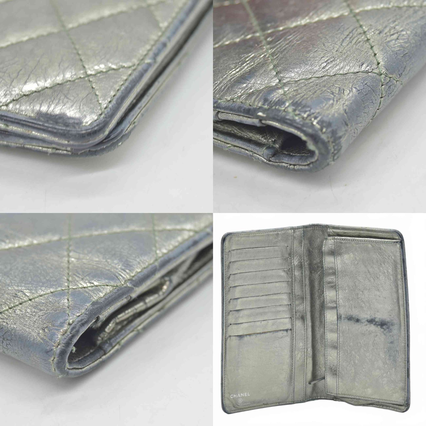 $950 2008 Chanel Lambskin Quilted 2.55 Flap Long Bifold Wallet Silver