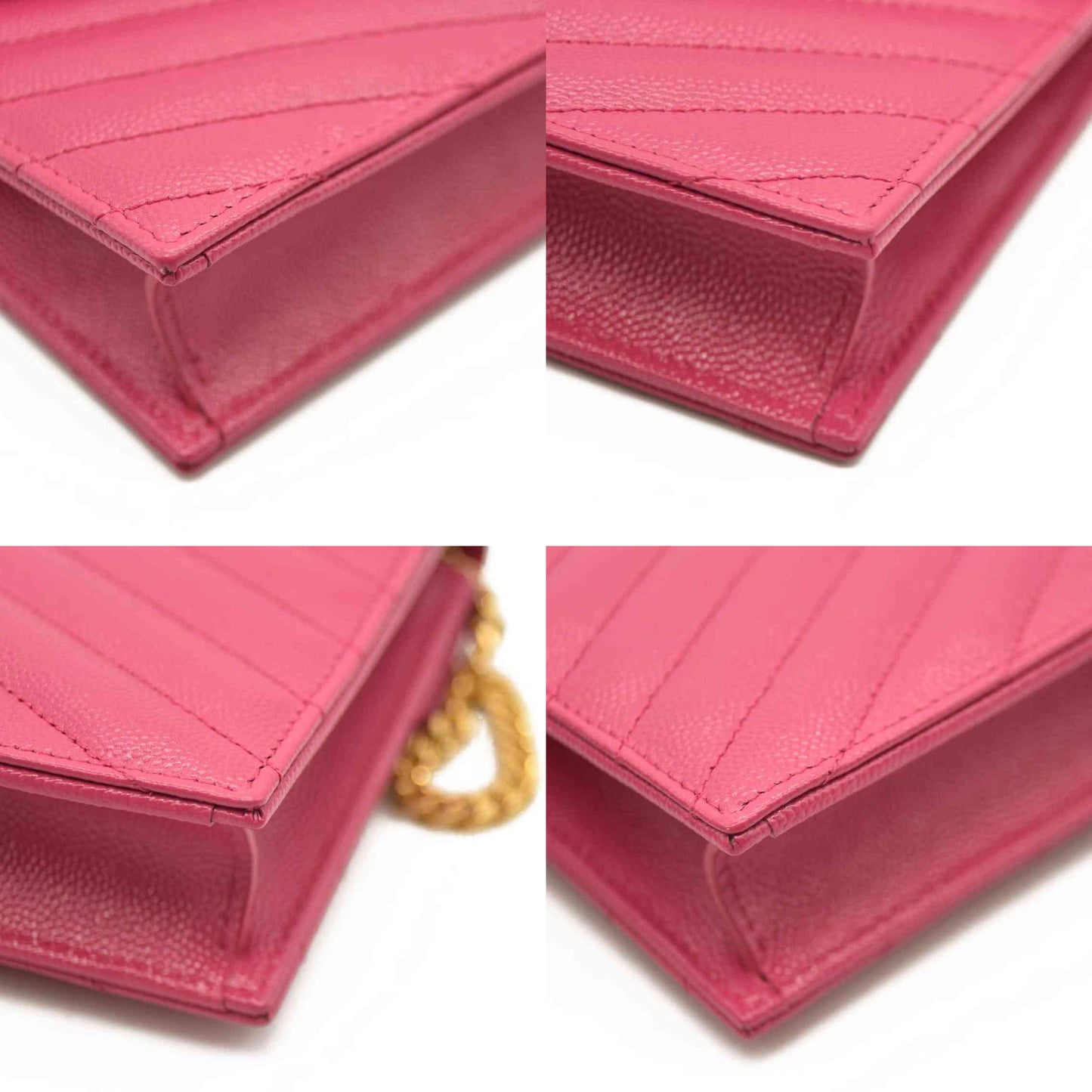 SAINT LAURENT Grain De Poudre Matelasse Chevron Monogram Chain Wallet Hot Pink