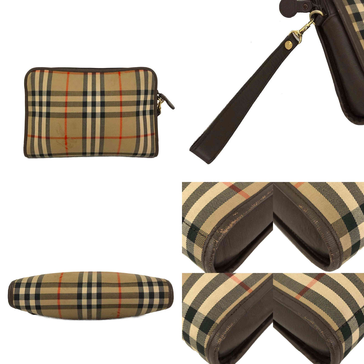 $450 Burberrys Horse Logo Check Canvas Clutch Bag Beige