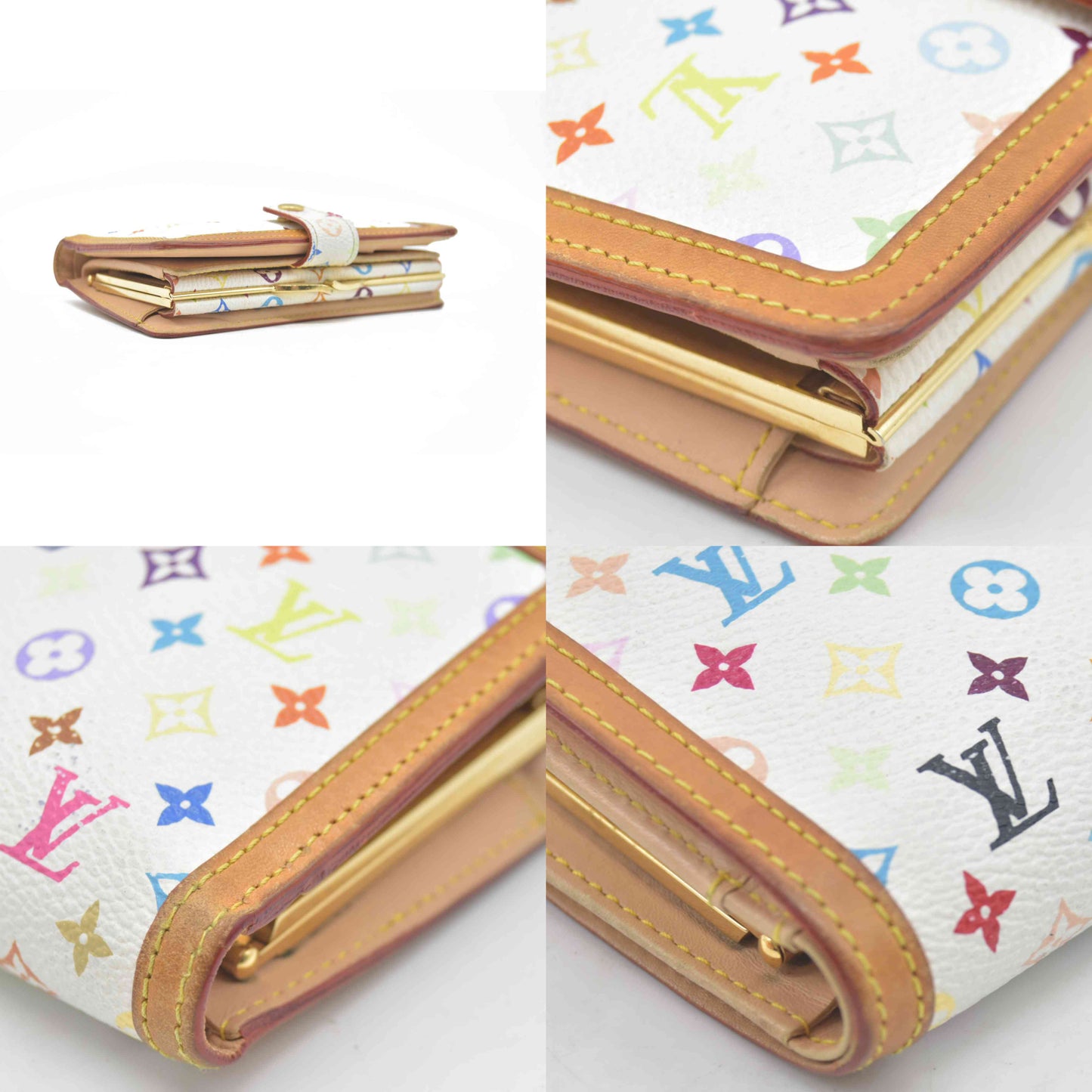 $735 Louis Vuitton Monogram Multicolor French Purse Wallet White TH0036 2006