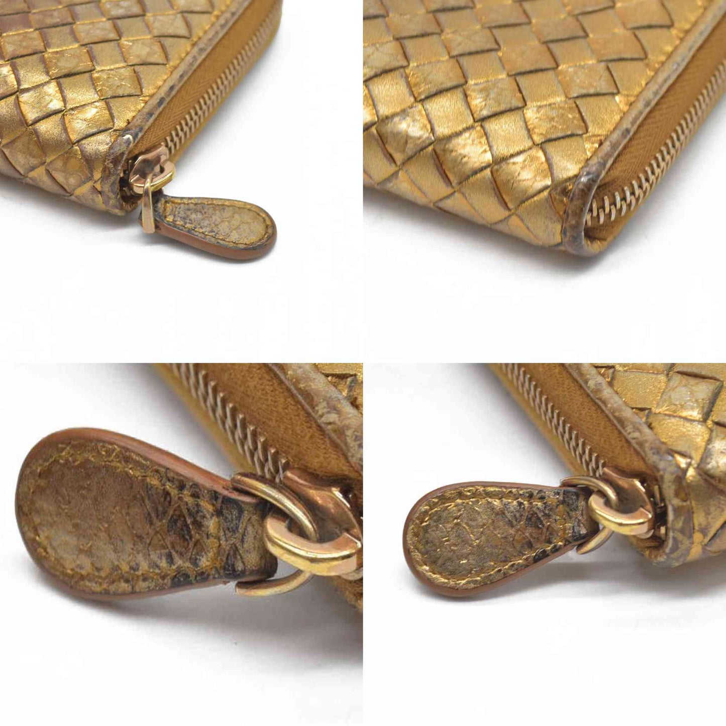 Bottega Veneta Intrecciato Lambskin Zip Around Long Wallet Gold