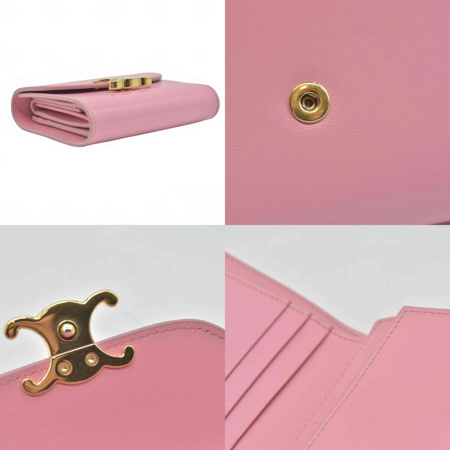 $690 Celine Shiny Calfskin Small Triomphe Wallet Pink