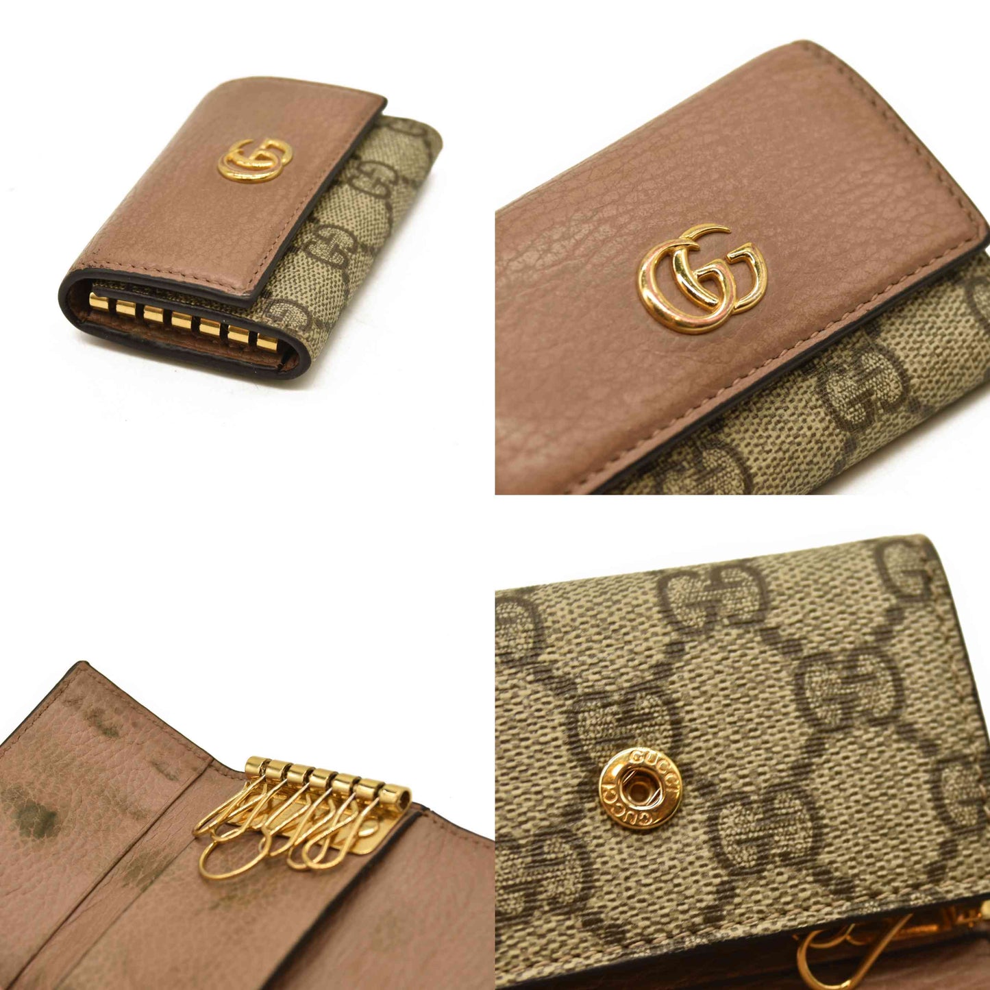Gucci  Dollar Calfskin GG Supreme Monogram GG Marmont 6 Key Holder Case Porcelain Rose Beige Ebony