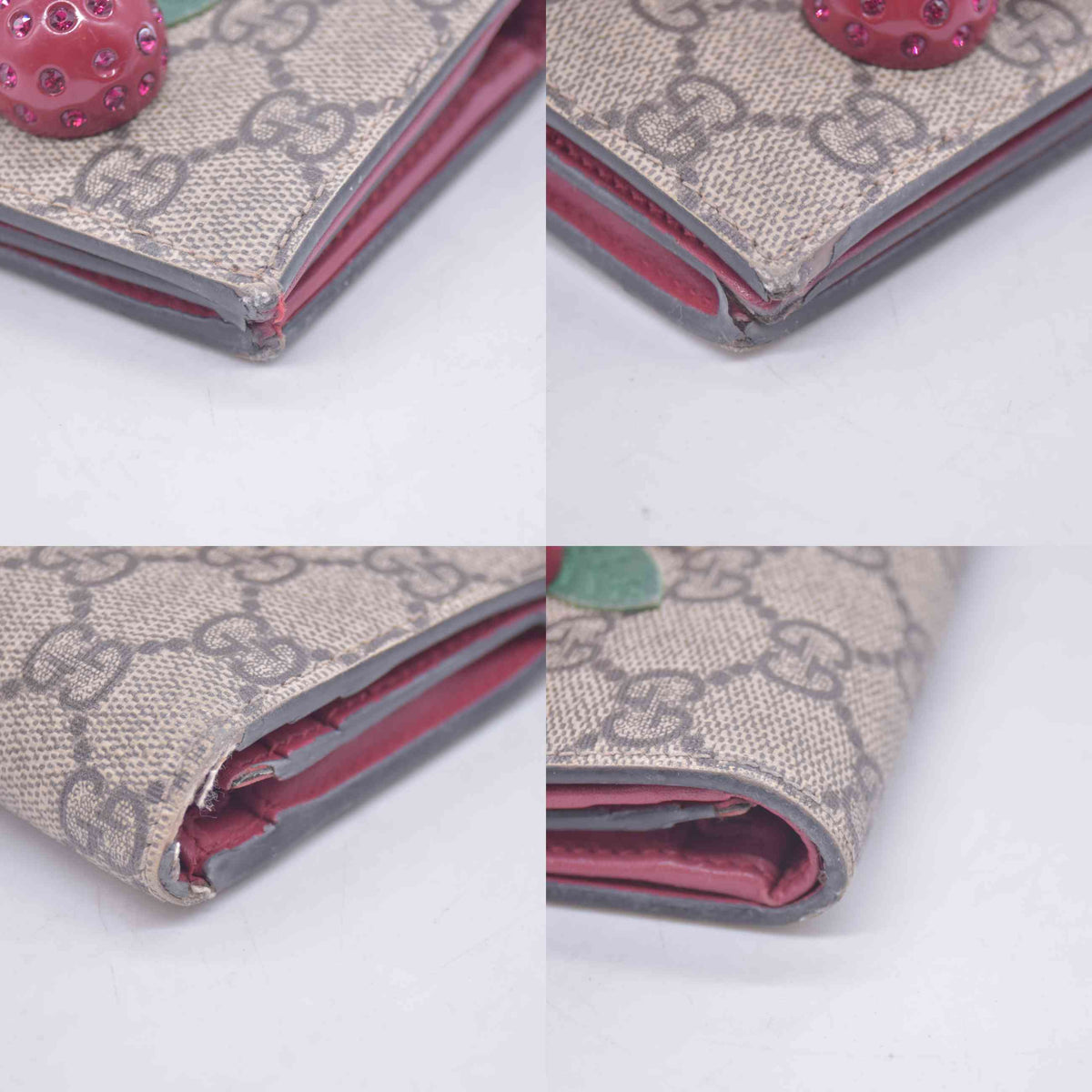 $470 GUCCI GG Supreme Monogram Cherry Embellished Card Case Wallet Hibiscus Red 10020980