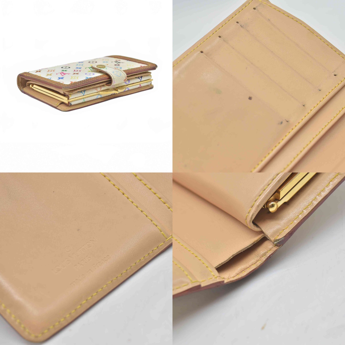 $790 2005 Louis Vuitton Monogram Multicolor French Purse Wallet White TH0075