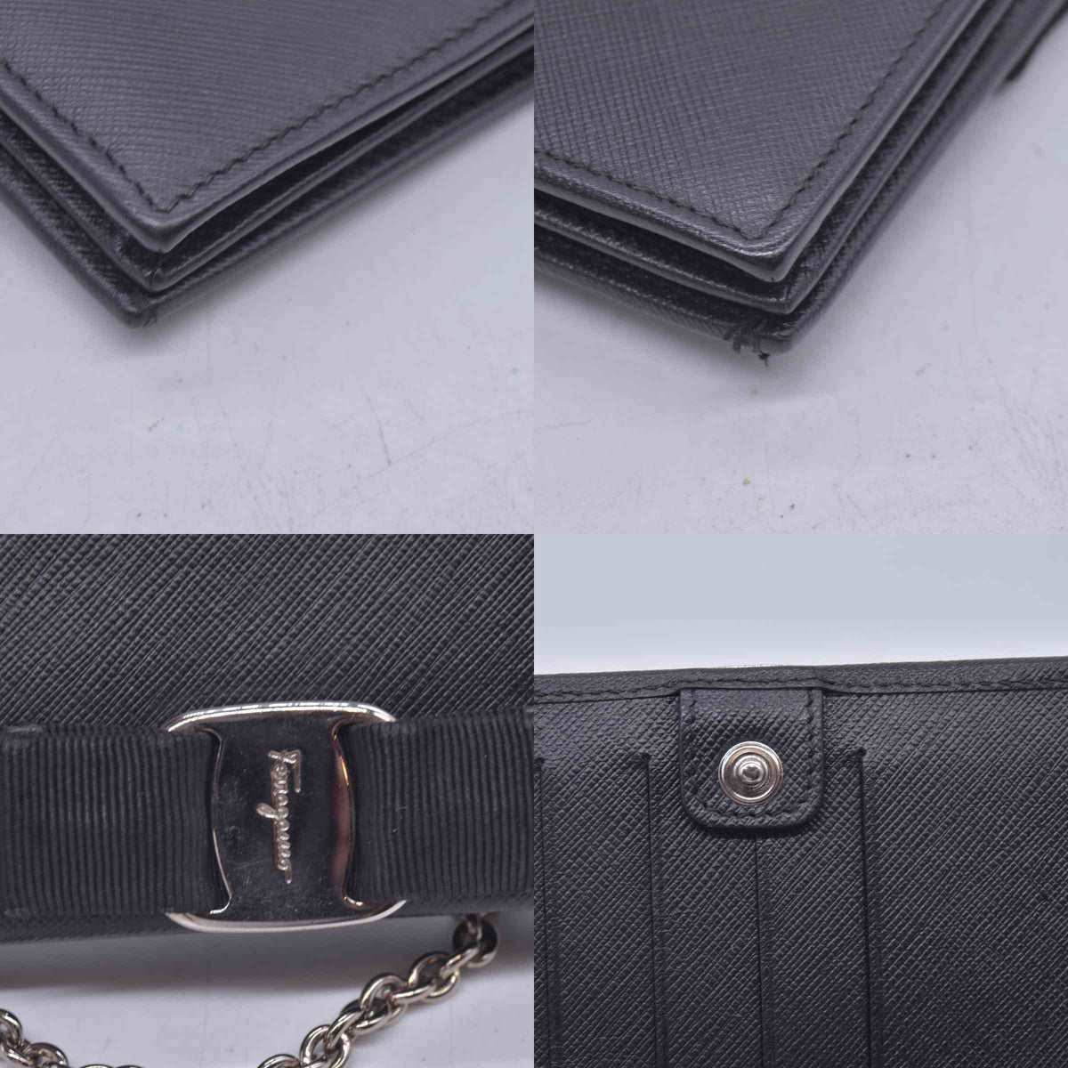 $650 SALVATORE FERRAGAMO Vara Bow Saffiano Leather Chain Flap Wallet Crossbody Black CONSIGNMENT 10021560